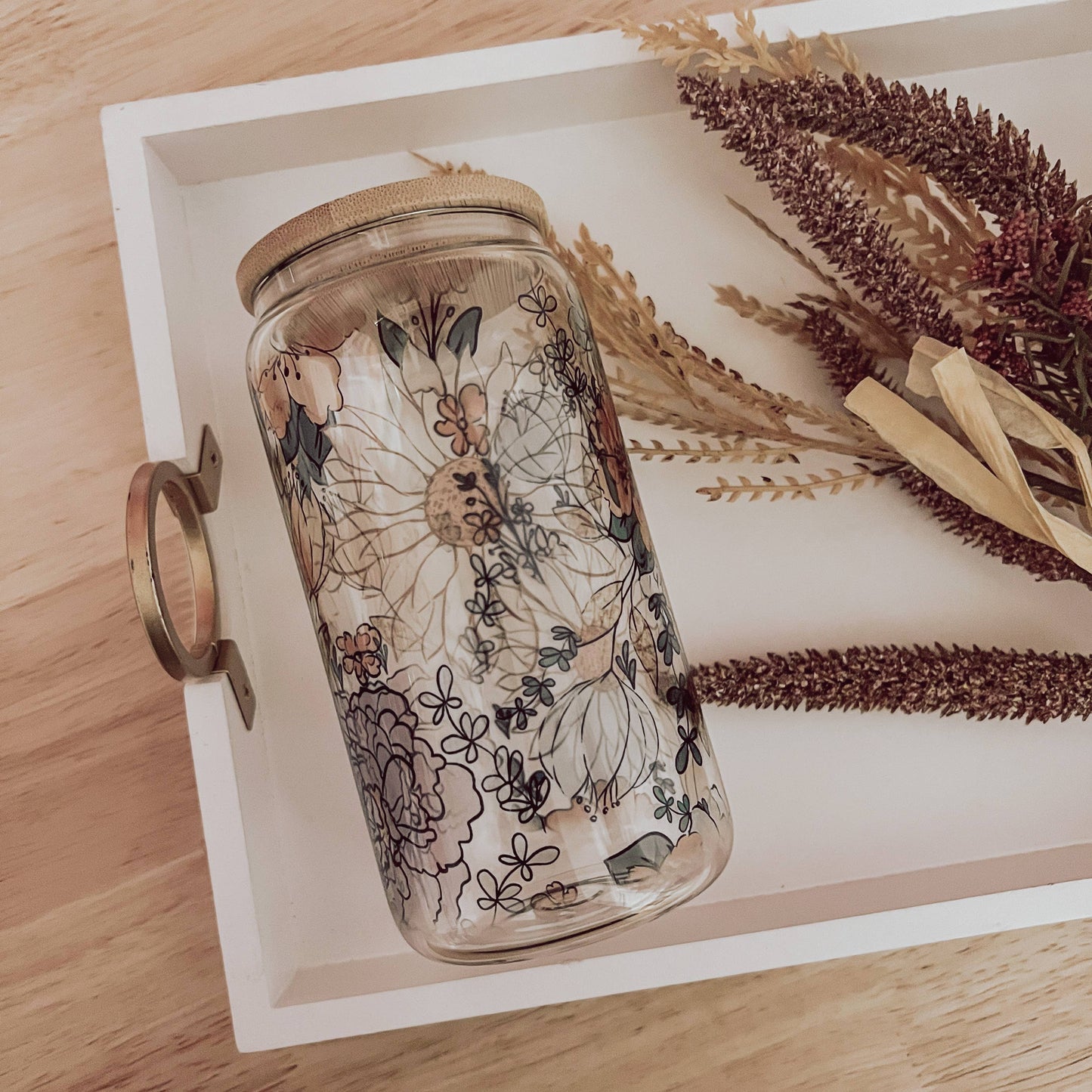 Emma K Designs - Fall Floral 16 oz Glass Cup with Bamboo Lid