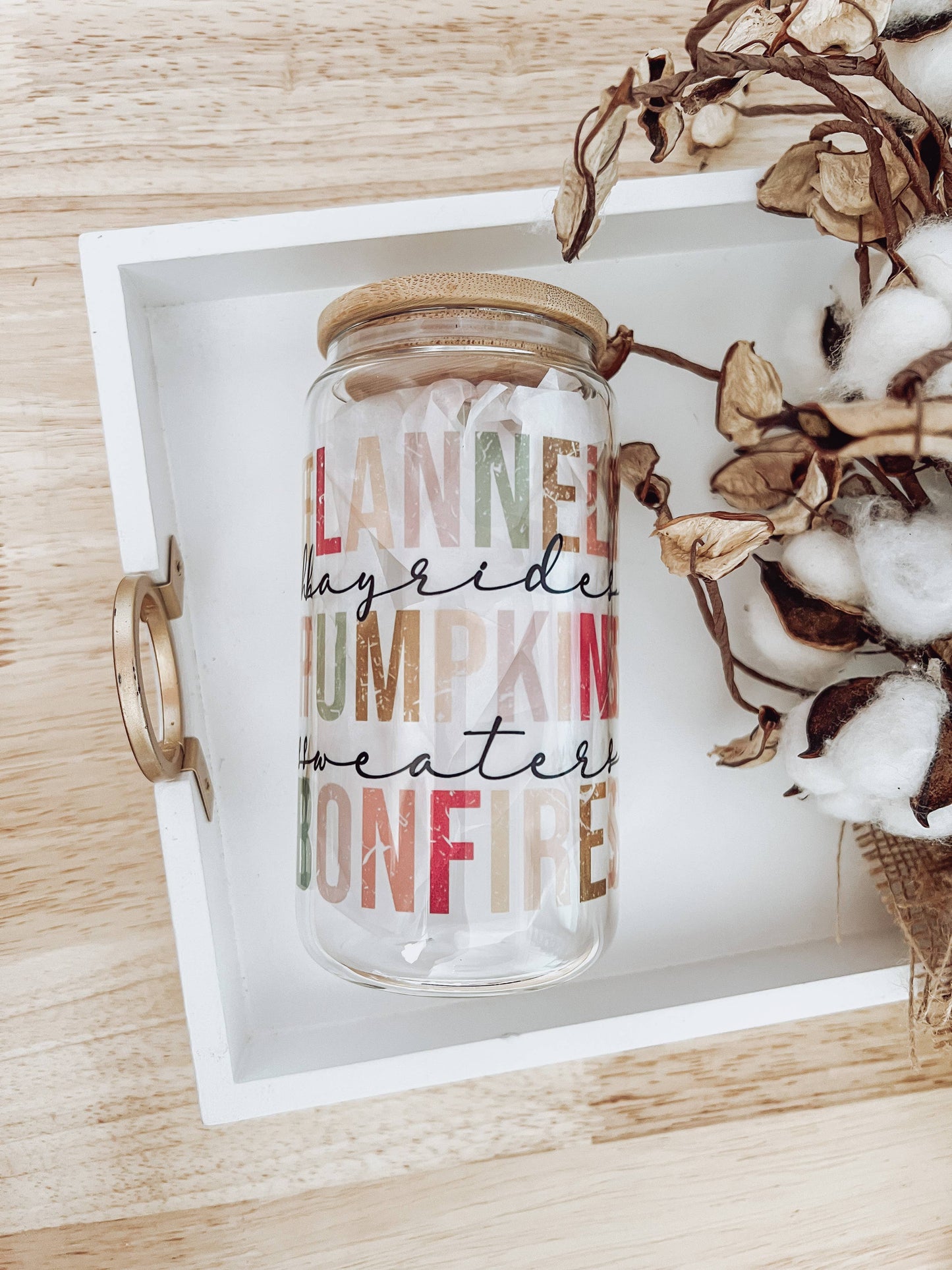 Emma K Designs - Fall Things (Distressed) 16 oz Glass Cup with Bamboo Lid