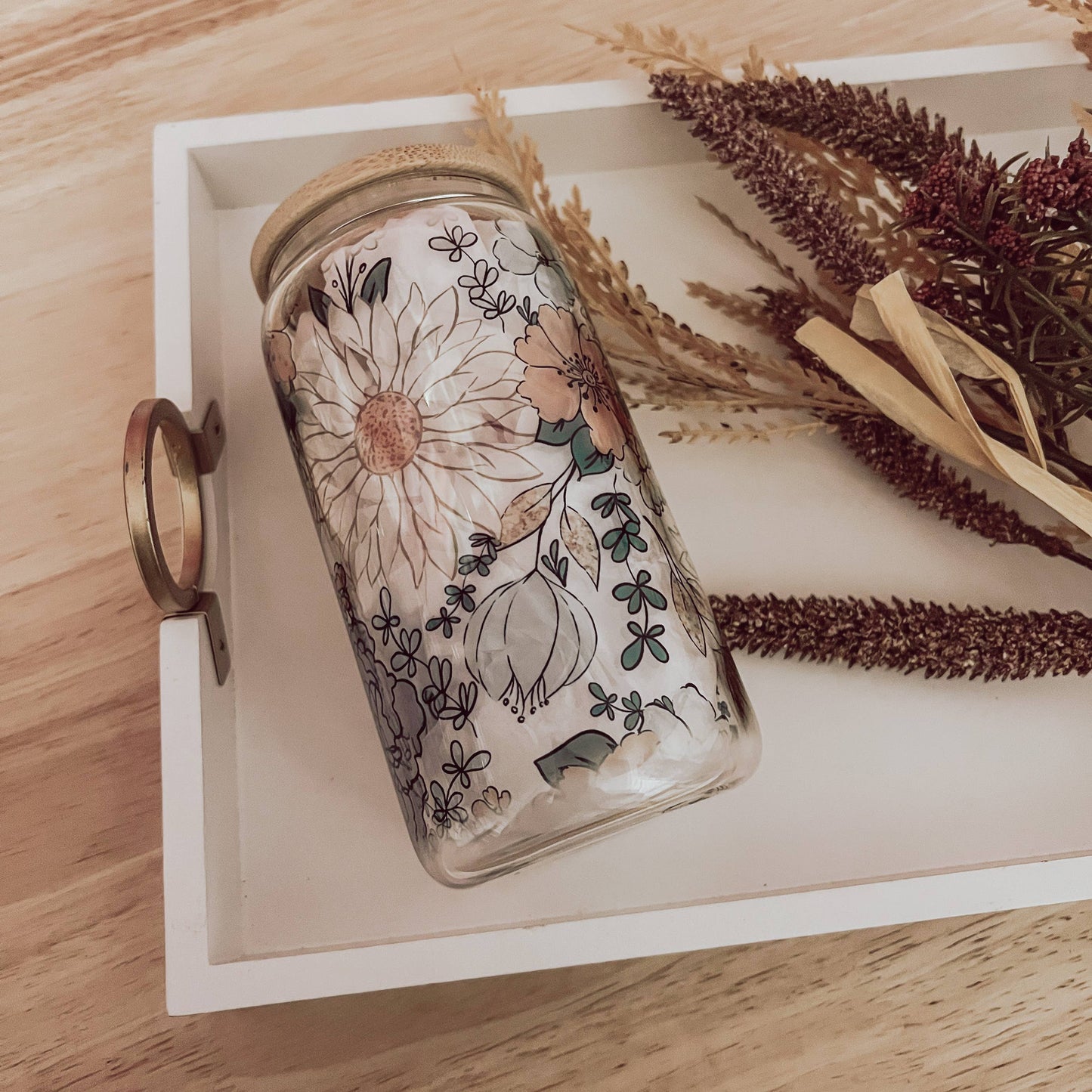 Emma K Designs - Fall Floral 16 oz Glass Cup with Bamboo Lid