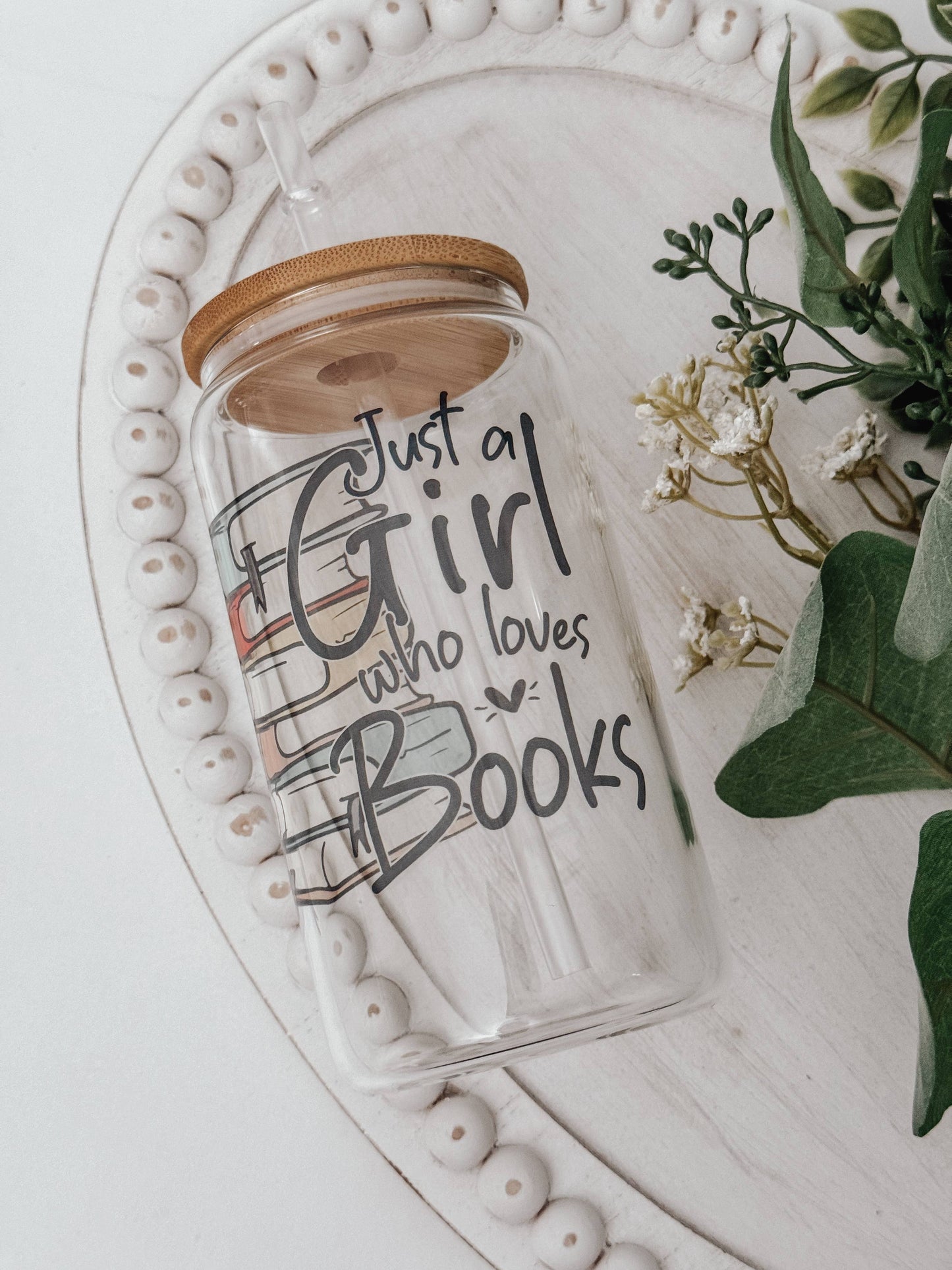Emma K Designs - Booklover 16oz Glass Cup with Bamboo Lid