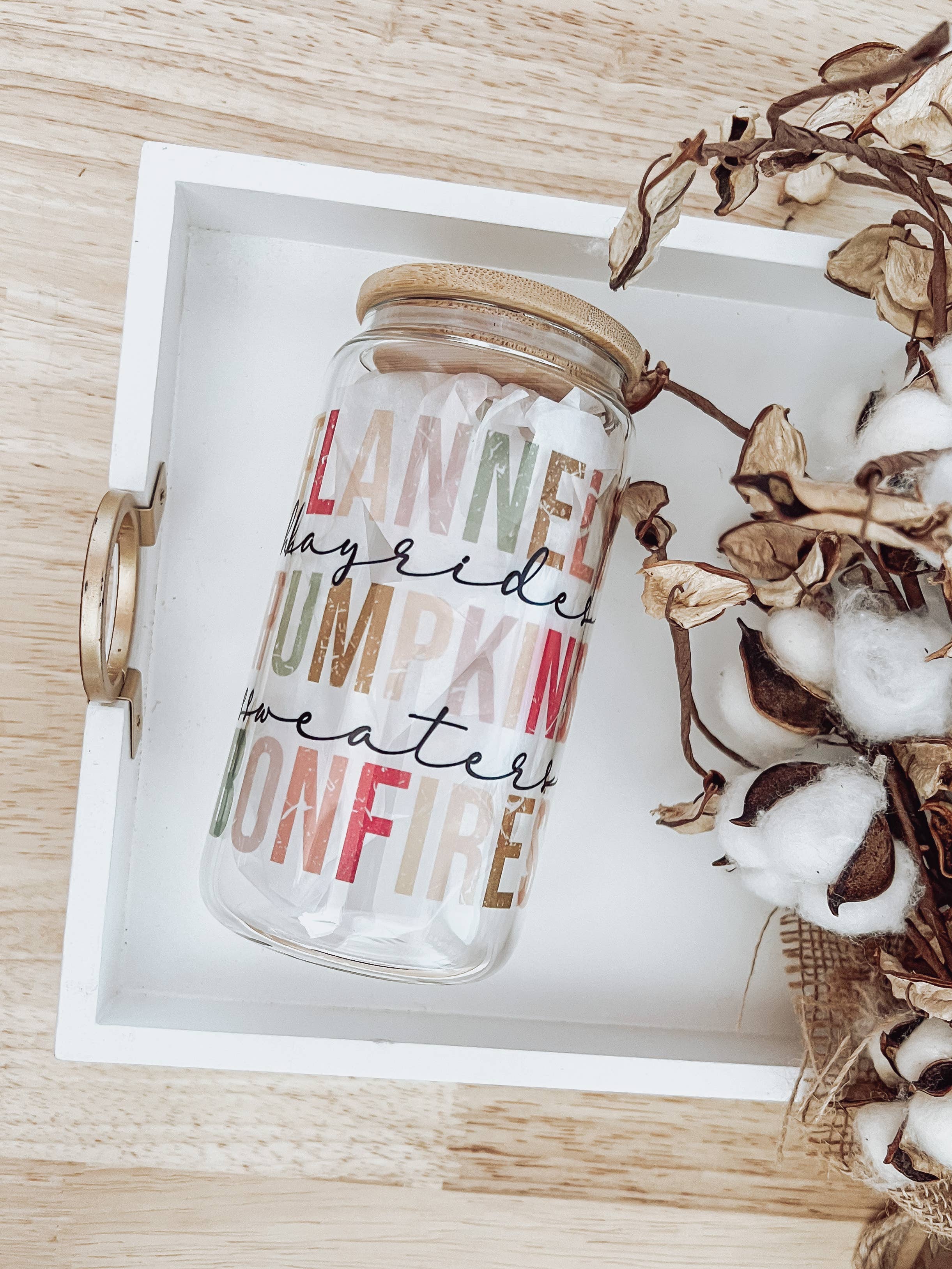 Emma K Designs - Fall Things (Distressed) 16 oz Glass Cup with Bamboo Lid