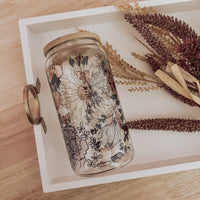 Emma K Designs - Fall Floral 16 oz Glass Cup with Bamboo Lid