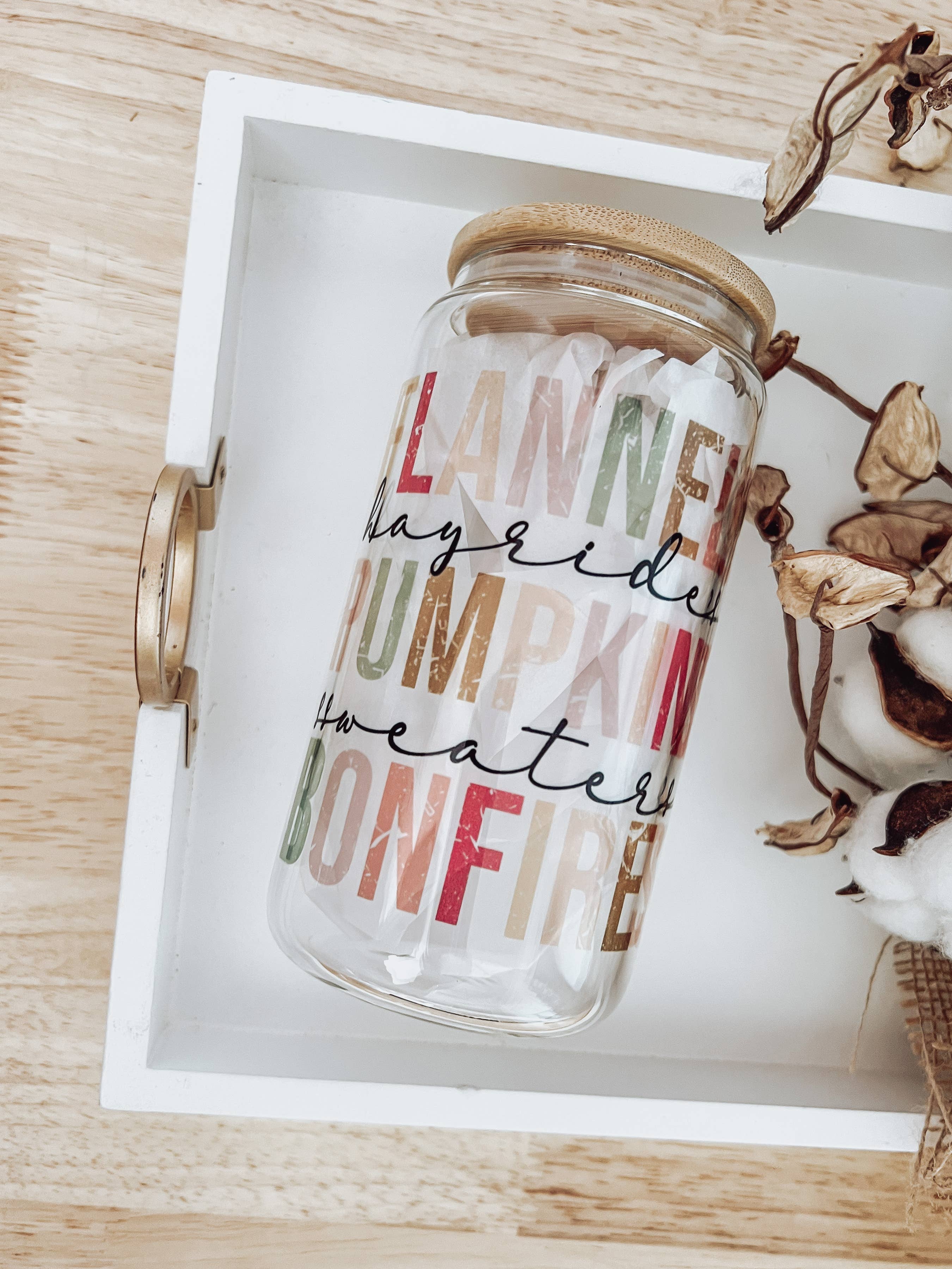 Emma K Designs - Fall Things (Distressed) 16 oz Glass Cup with Bamboo Lid