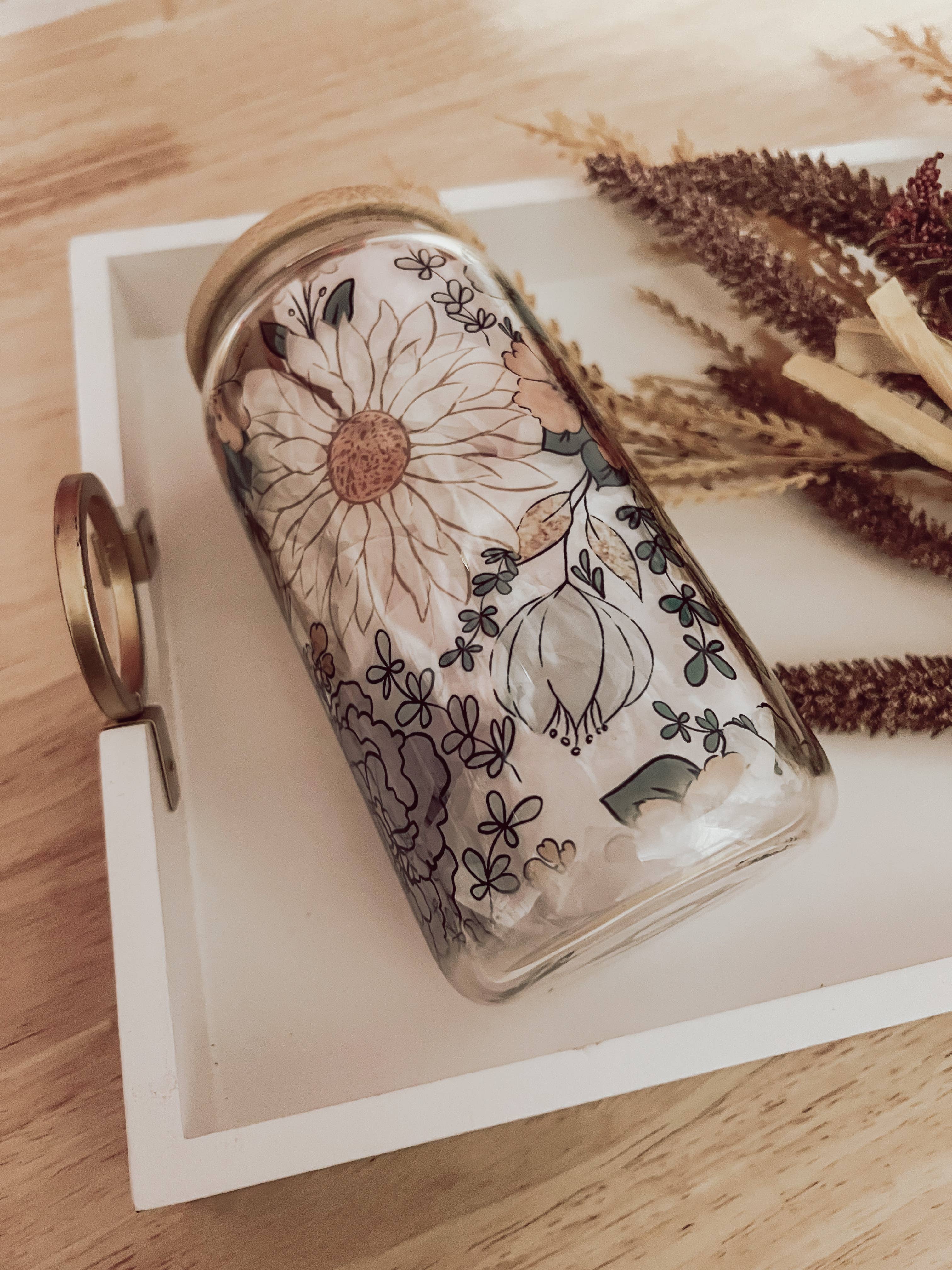 Emma K Designs - Fall Floral 16 oz Glass Cup with Bamboo Lid