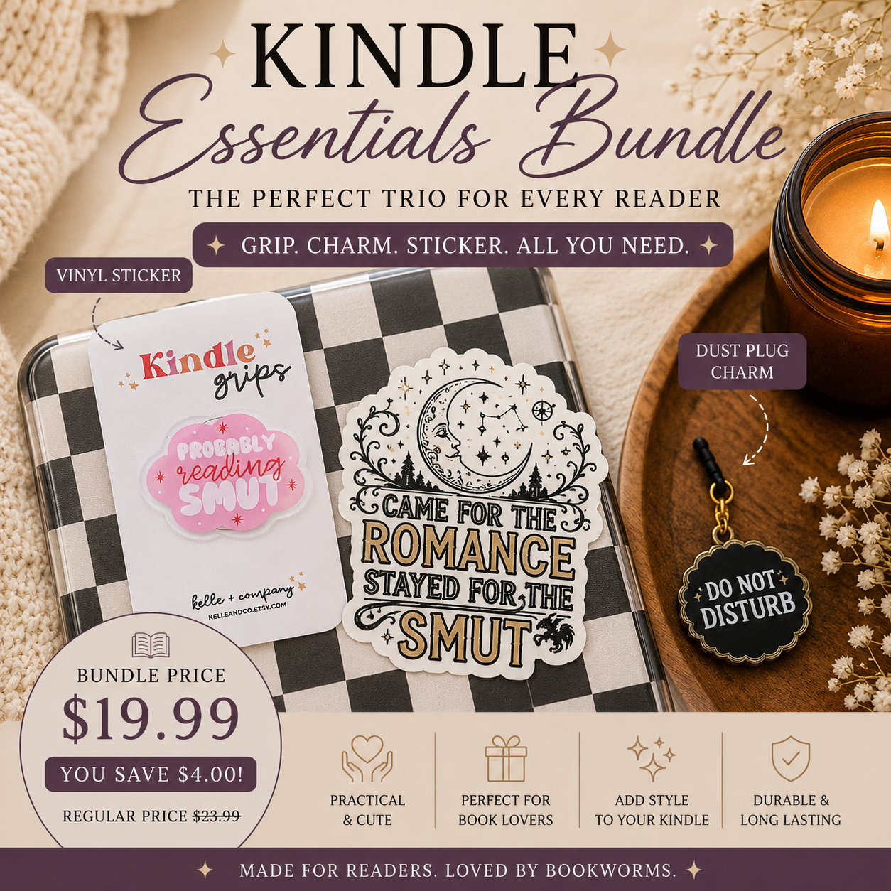 Kindle Essentials Bundle | Kindle Grip, Dust Plug Charm & Bookish Sticker Gift Set