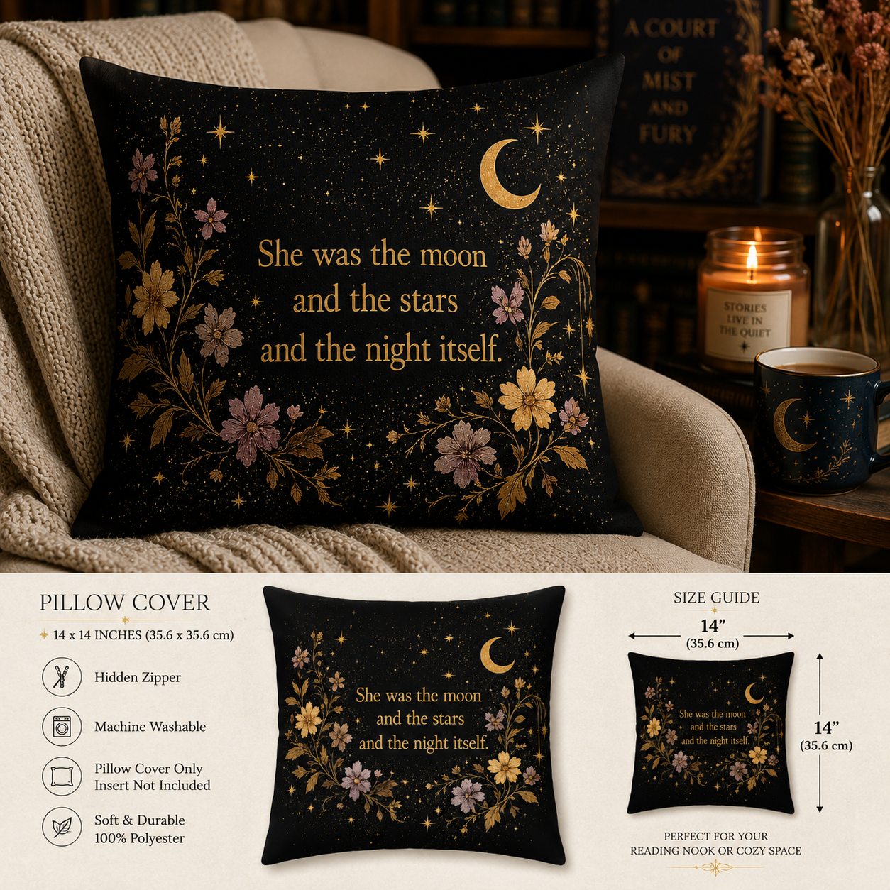 Magical Moon & Stars Pillow Cover | Cozy Bookish Decor for Reading Nooks