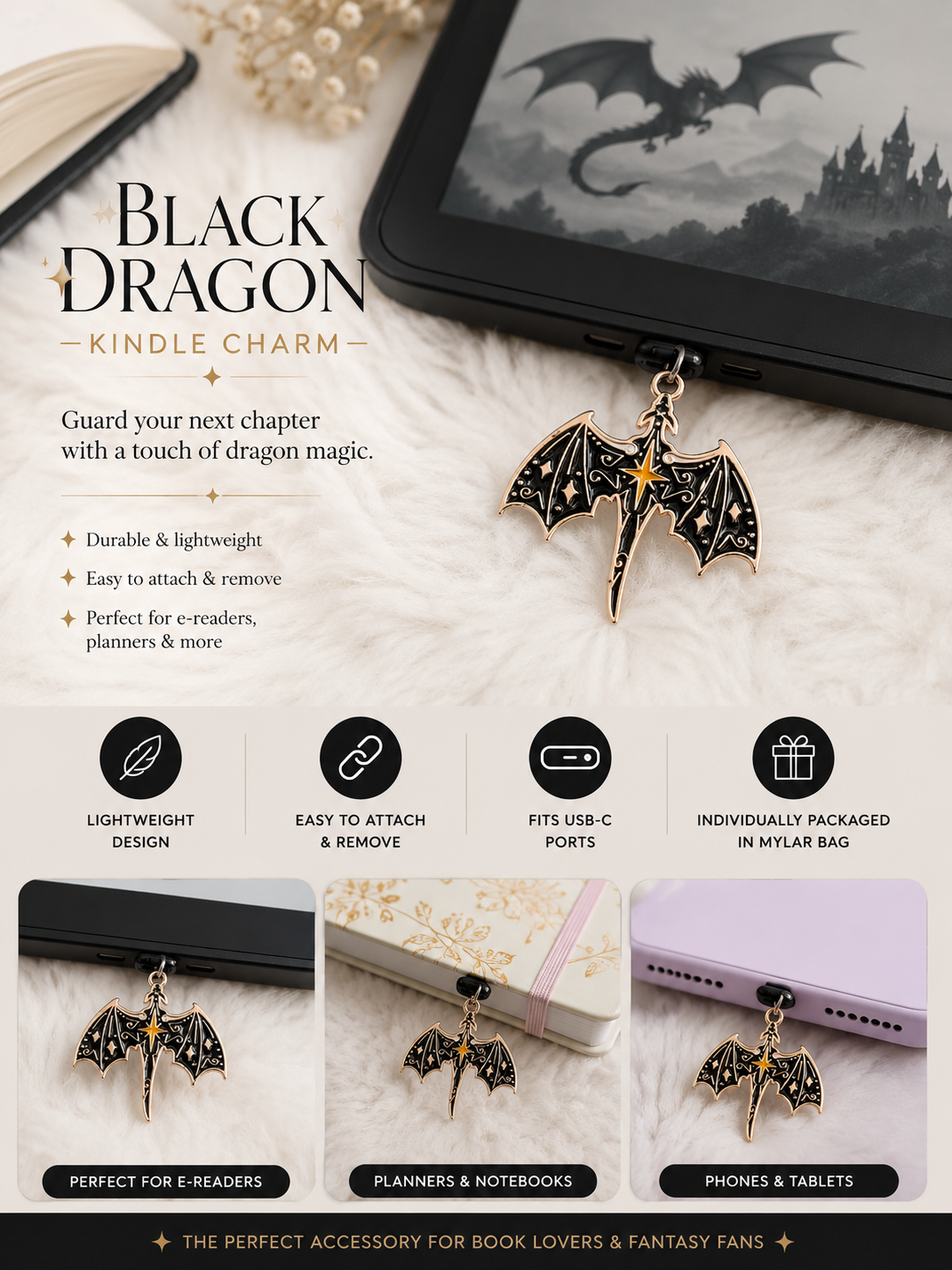 Black Dragon Kindle Charm | Fantasy E-Reader Accessory