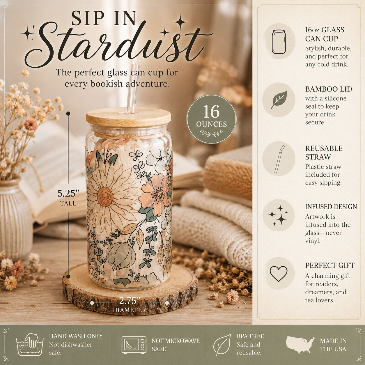 16oz Glass Can Cup with Bamboo Lid & Straw | Bookish Glass Tumbler