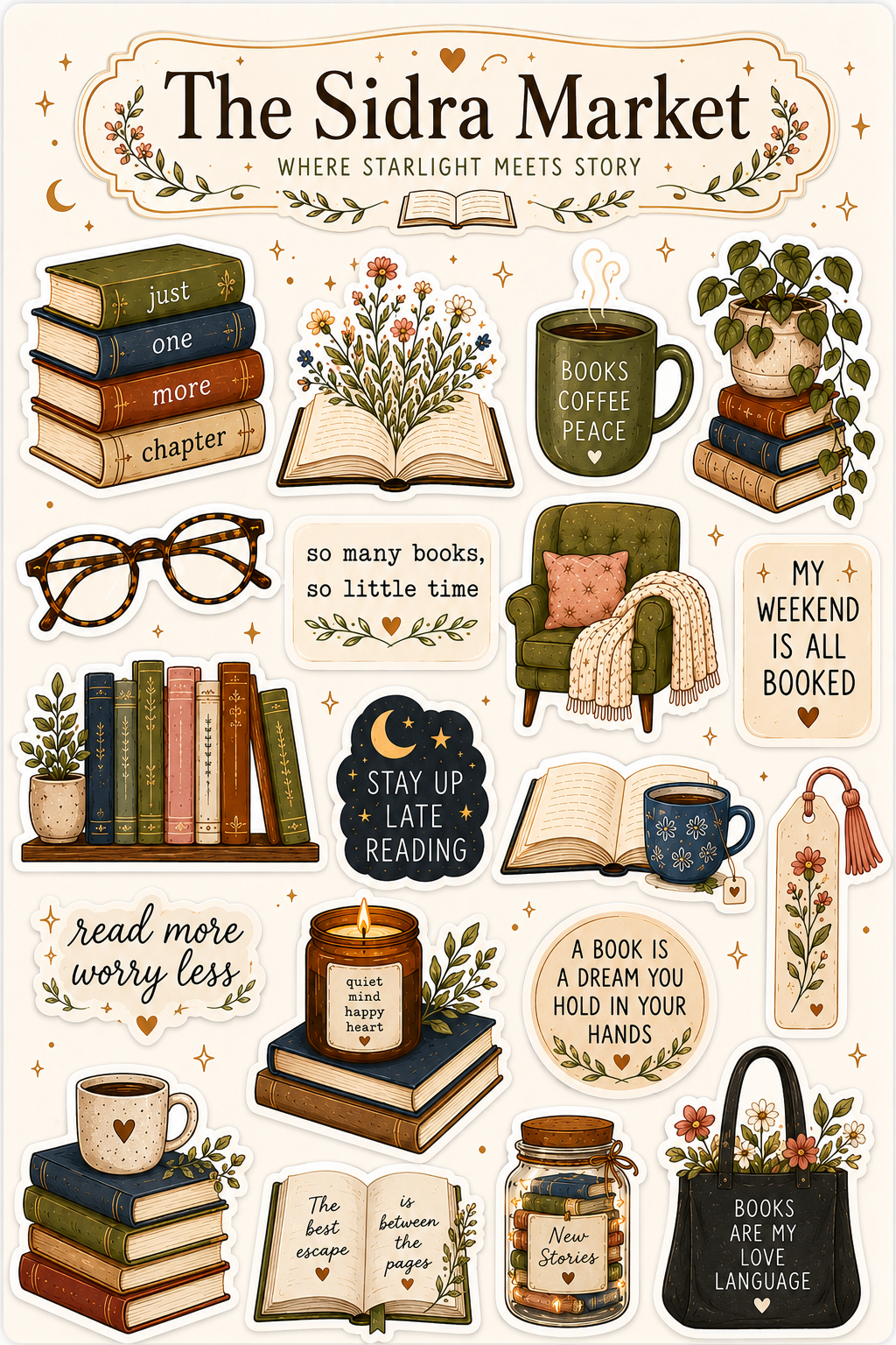 Bookish Vinyl Sticker Sheet | Cozy Reader Stickers | Book Lover Gift | Kindle & Water Bottle Decals