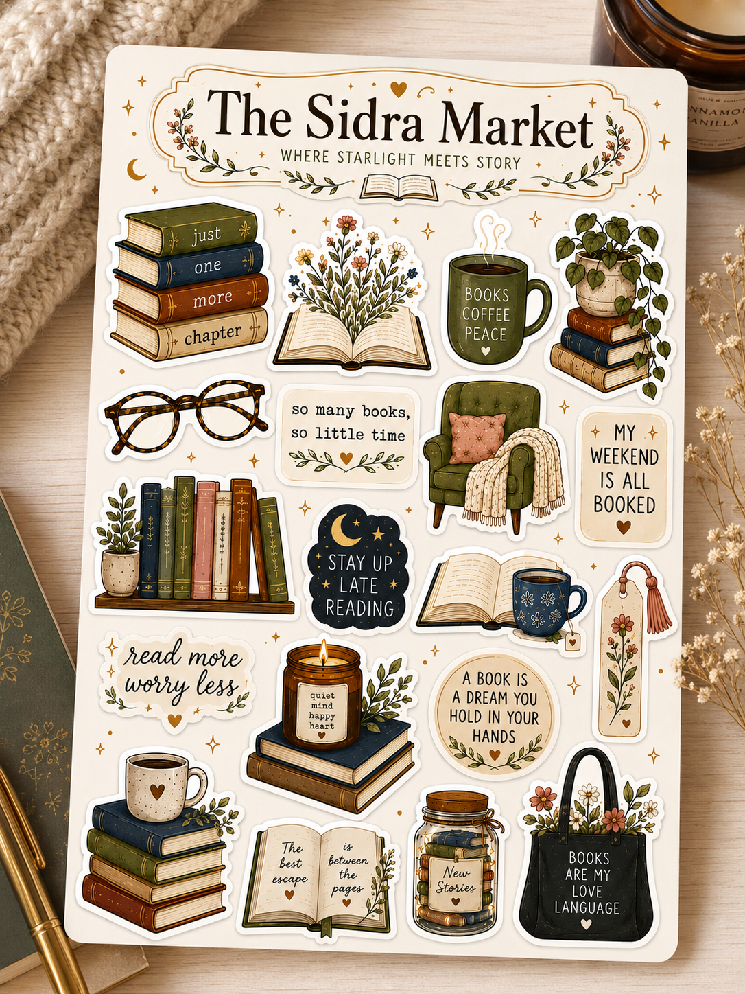 Bookish Vinyl Sticker Sheet | Cozy Reader Stickers | Book Lover Gift | Kindle & Water Bottle Decals
