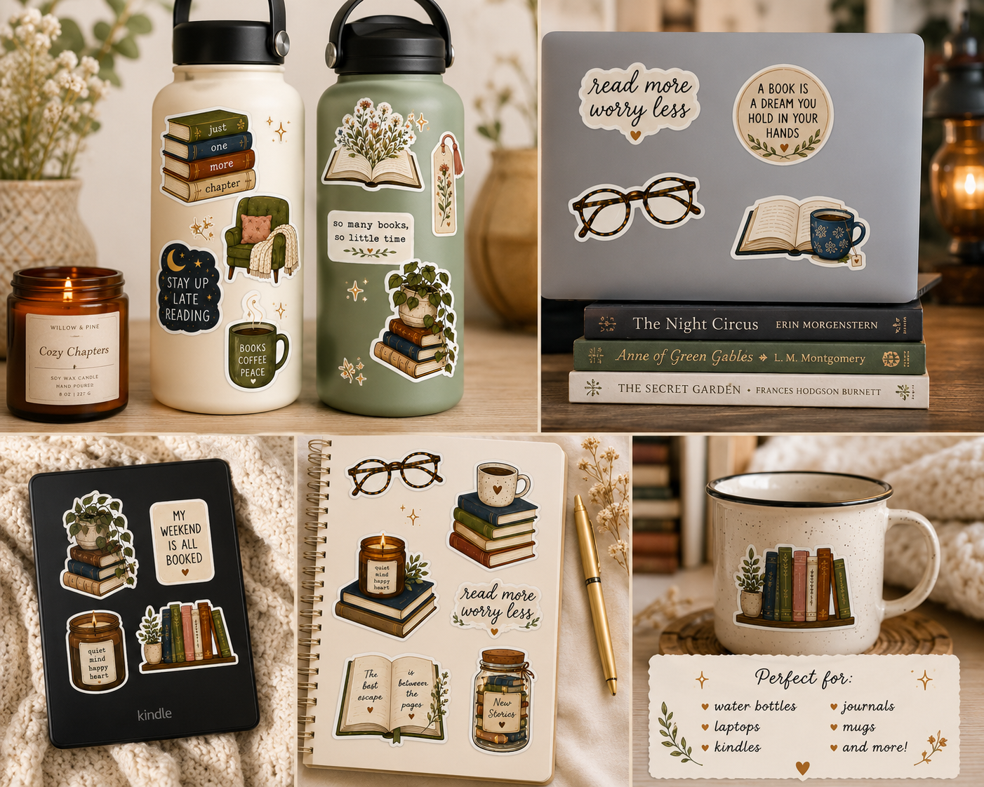 Bookish Vinyl Sticker Sheet | Cozy Reader Stickers | Book Lover Gift | Kindle & Water Bottle Decals
