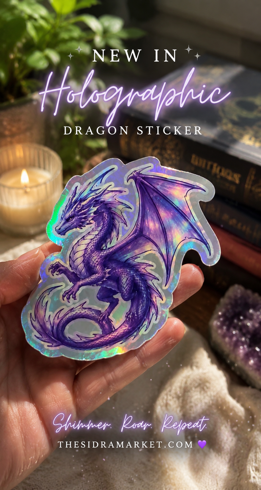Purple Dragon Holographic Sticker | Fantasy Bookish Vinyl Decal | Romantasy Gift